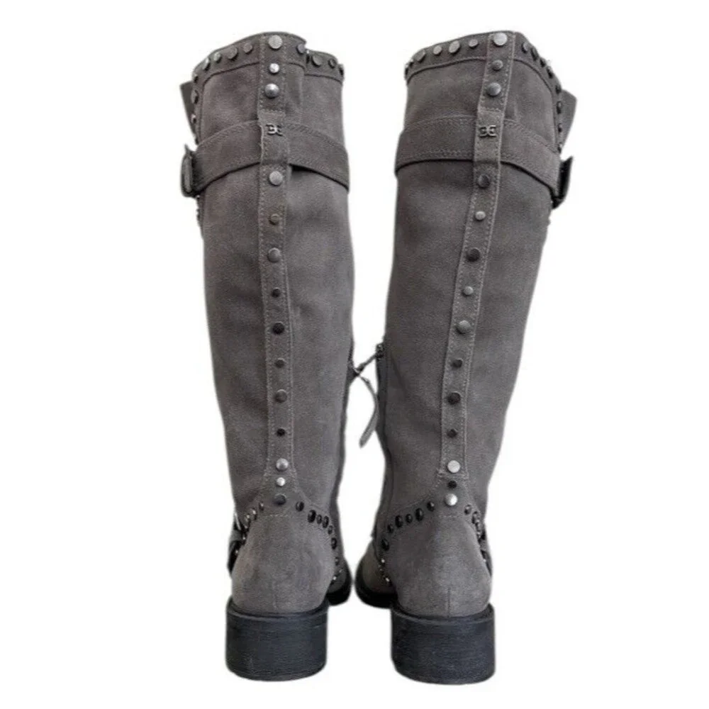 Sam Edelman Suede Studded Knee High Boots Women's Biker Rugged Sz 7.5 Grey - Picture 9 of 12